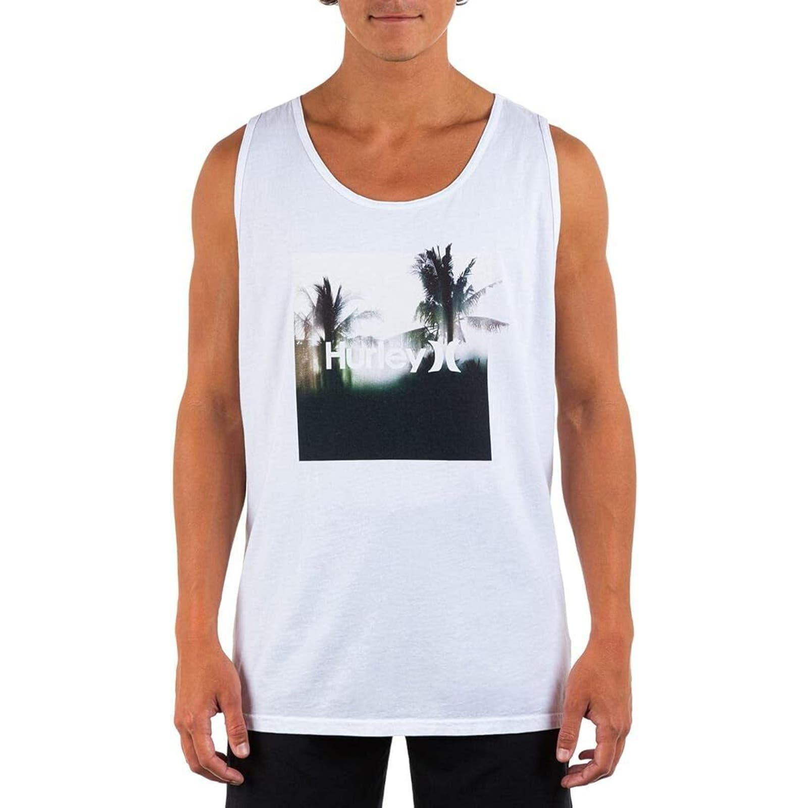 Hurley Men's Everyday Washed Bali Tropical Graphic Tank Top Tee T-Shirt In White